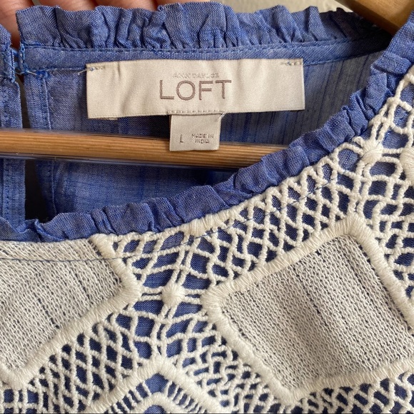 LOFT Blue Chambray White Embroidered 3/4 Sleeve Top - Picture 3 of 5